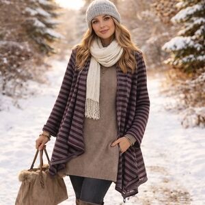 Zoe Elegant Purple Gray Striped Open Front Cardigan Women Draped Lightweight